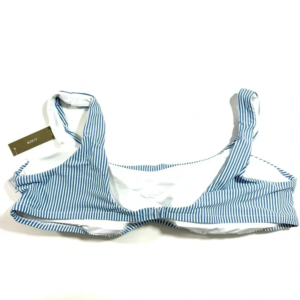 New J Crew Squareneck Bikini Top Seersucker Blue White